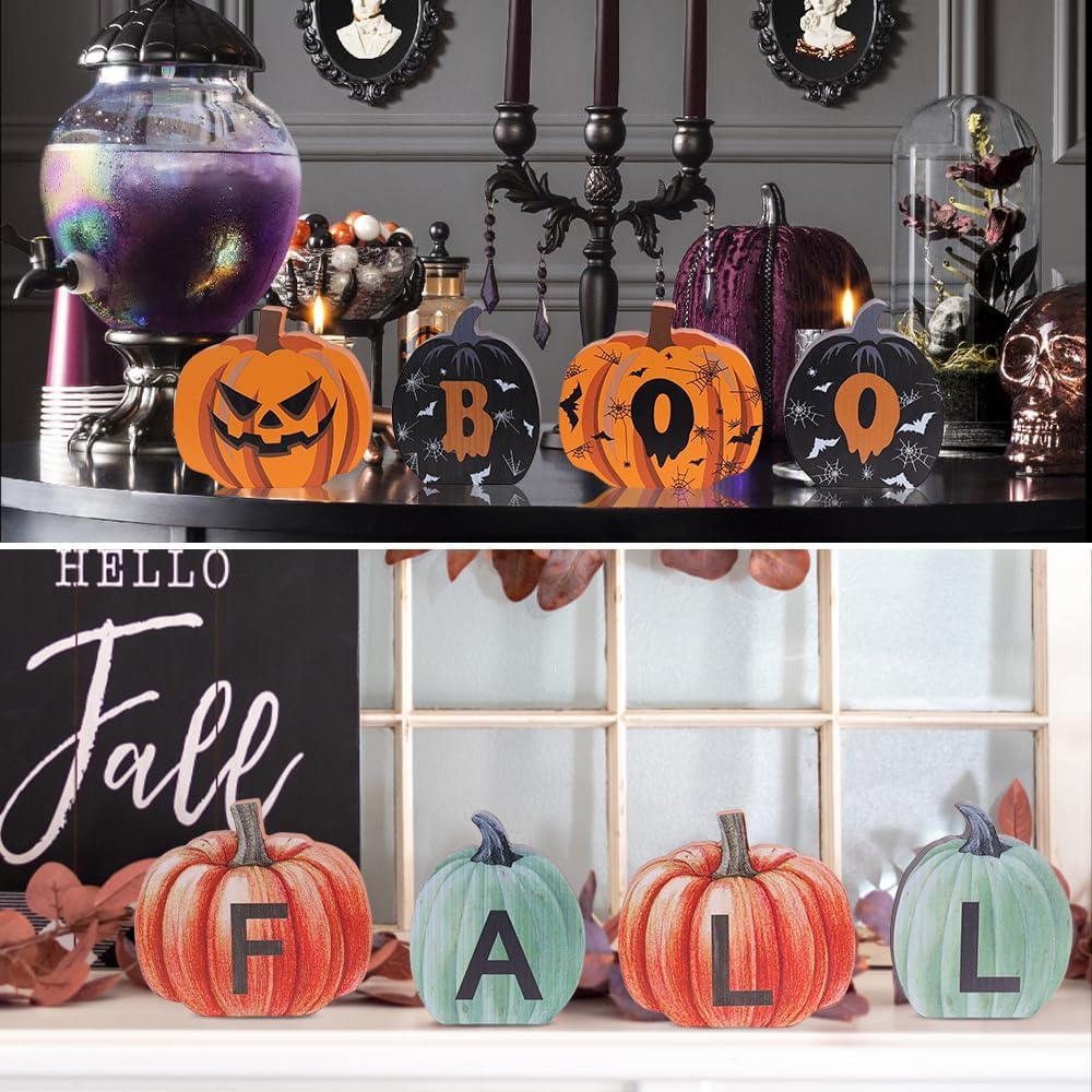 Fall Decorations for Home & Halloween Decorations Indoor, DECSPAS Double-sided Pumpkin Wood Sign with Fall & BOO Lettered, Autumn Wooden Block Set for Table, Tiered Tray, Mantle, Thanksgiving Decor