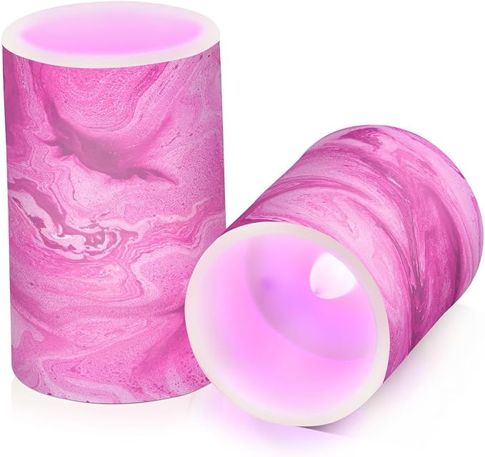 Flickering Flameless Candles, Pink Fuchsia Marble LED Candles with Remote Timer, Set of 2 Battery Operated Candle for Valentine Wedding Birthday