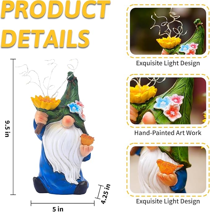 Outdoor Garden Gnomes Statue: Solar Garden Decor with LED Light Patio Yard Lawn Decoration Valentine's Day Gifts for Women