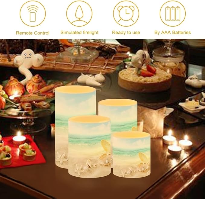 Flameless LED Battery Candles 4PCS Pillar Candles with 18-Key Timer Remote Colorful Light for Party Celebration Decor, Beach Mussel Starfish Seashell