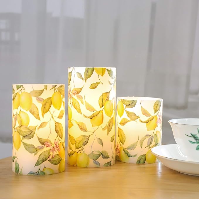 Flameless Candles Lemon Decor Battery Operated Lights with Remote Real Wax Flicker Electric Pillar Fake Candle for Home Bridal Shower Coffee Table Party Decorations Birthday Gifts for Women