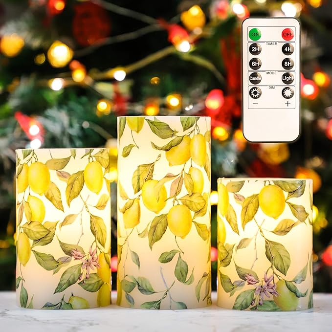 Flameless Candles Lemon Decor Battery Operated Lights with Remote Real Wax Flicker Electric Pillar Fake Candle for Home Bridal Shower Coffee Table Party Decorations Birthday Gifts for Women