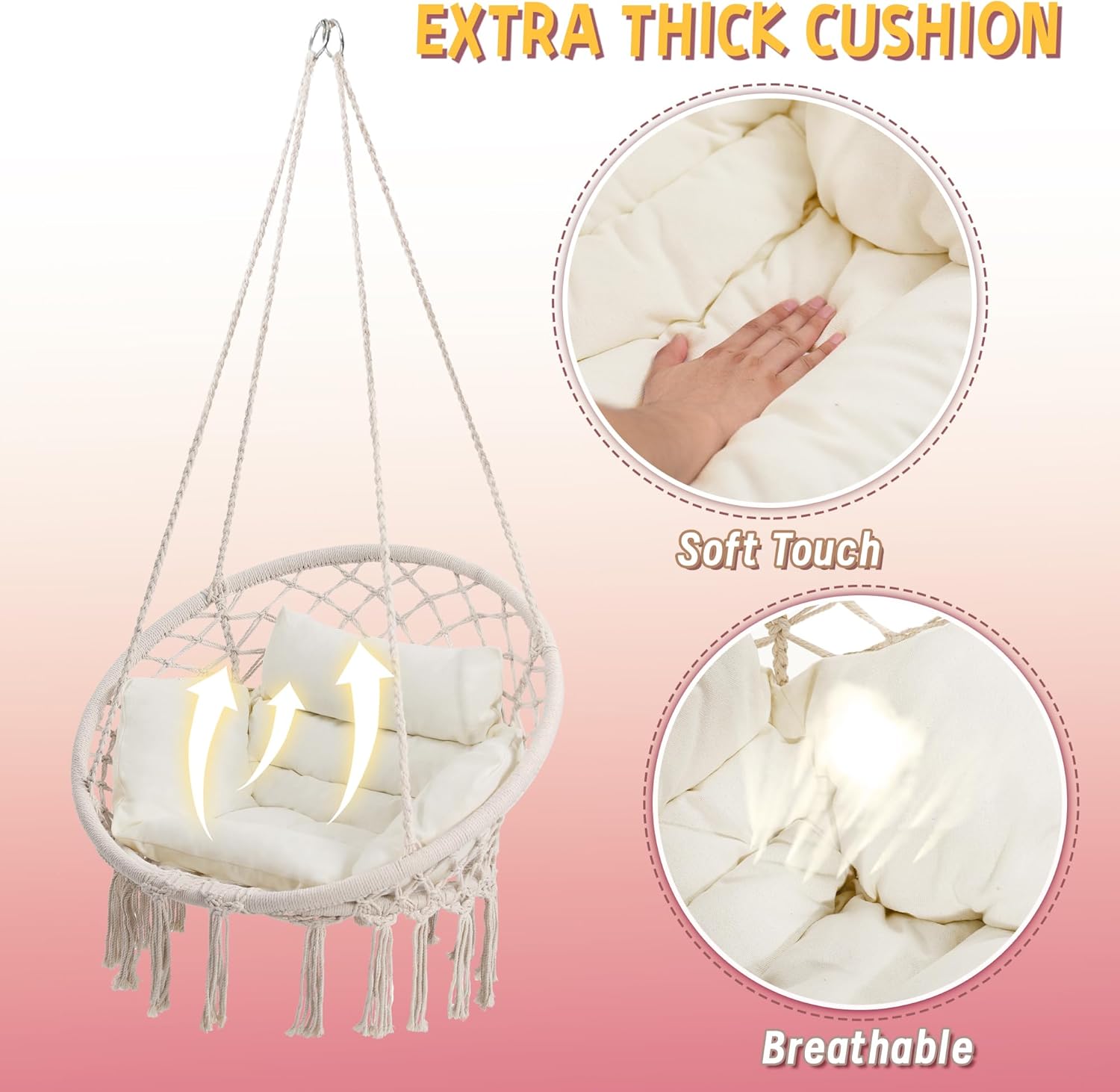 Macrame Hammock Hanging Swinging Chair with Medium Cushion, Perfect for Bedroom, Porch, Adults, Balcony, Beige