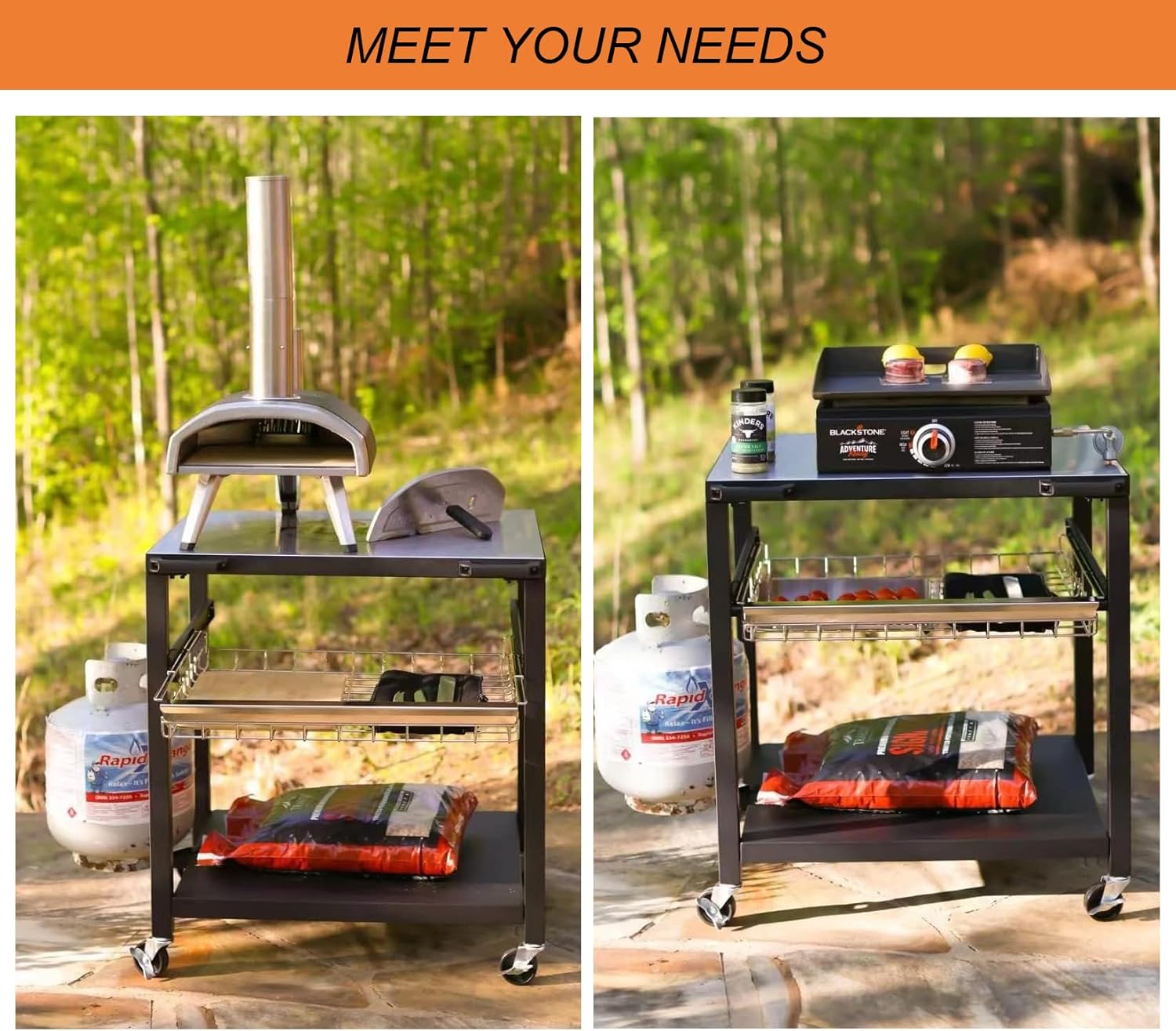 NUUK Double-Shelf Movable Outdoor Pizza Oven Table, 24" x 30" Stainless Steel Commercial Multifunctional Food Prep Worktable with Drawer on Wheels