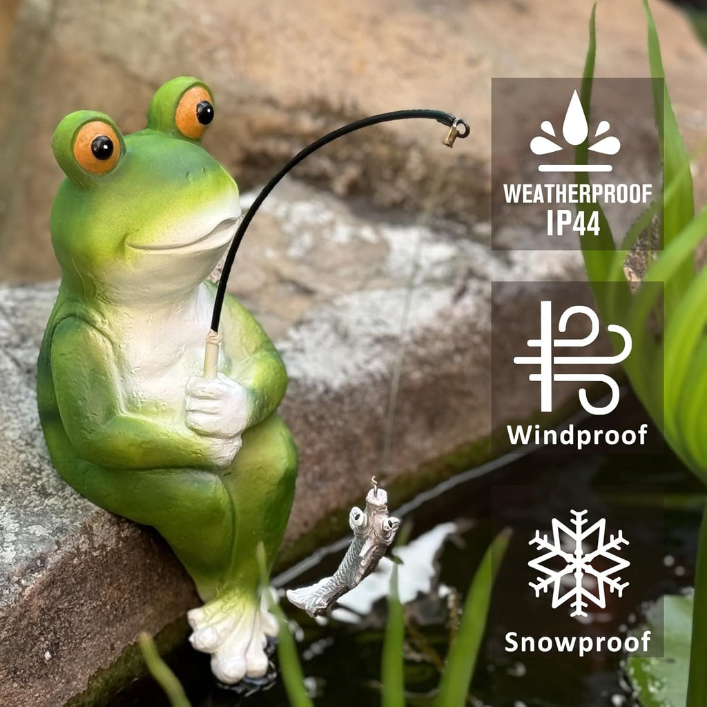 Frog Decoration for Yard Outdoor Garden Decor 9.7 Inch Tall Fishing Frog Statue for Koi Pond, Waterfalls or Poolside Ornaments, Fisher Animals Pond Decor, Gift for Mom & Women