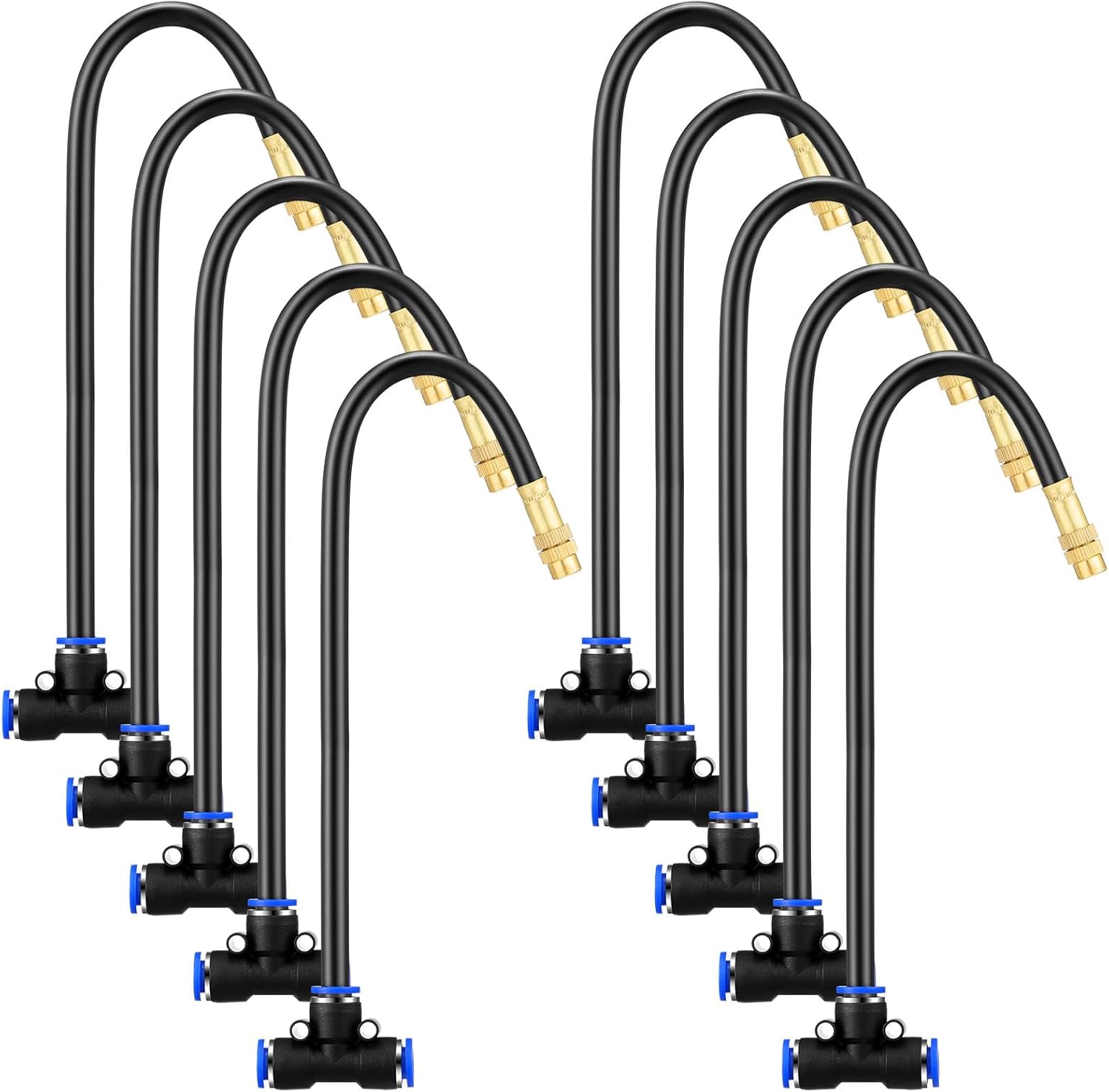 Zonon 10 Pcs Brass Misting Nozzles Tee with 16 Inch Built in Hose 360 Degree Rotation Adjustable Water Mister Nozzles Thread Sprayer 0.043" Misting Parts and Accessories for Patio Outdoor Cooling