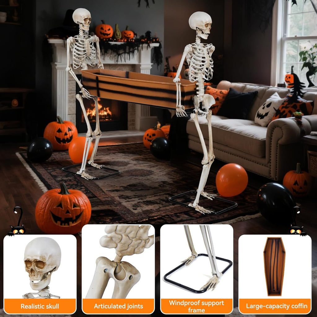 Quntis Halloween Outdoor Party Decoration - 5ft Skeleton Carrying Coffin [Last for Seasons] - Realistic Life Size Undead Pallbearers Drink Cooler - Spooky Graveyard Halloween Display