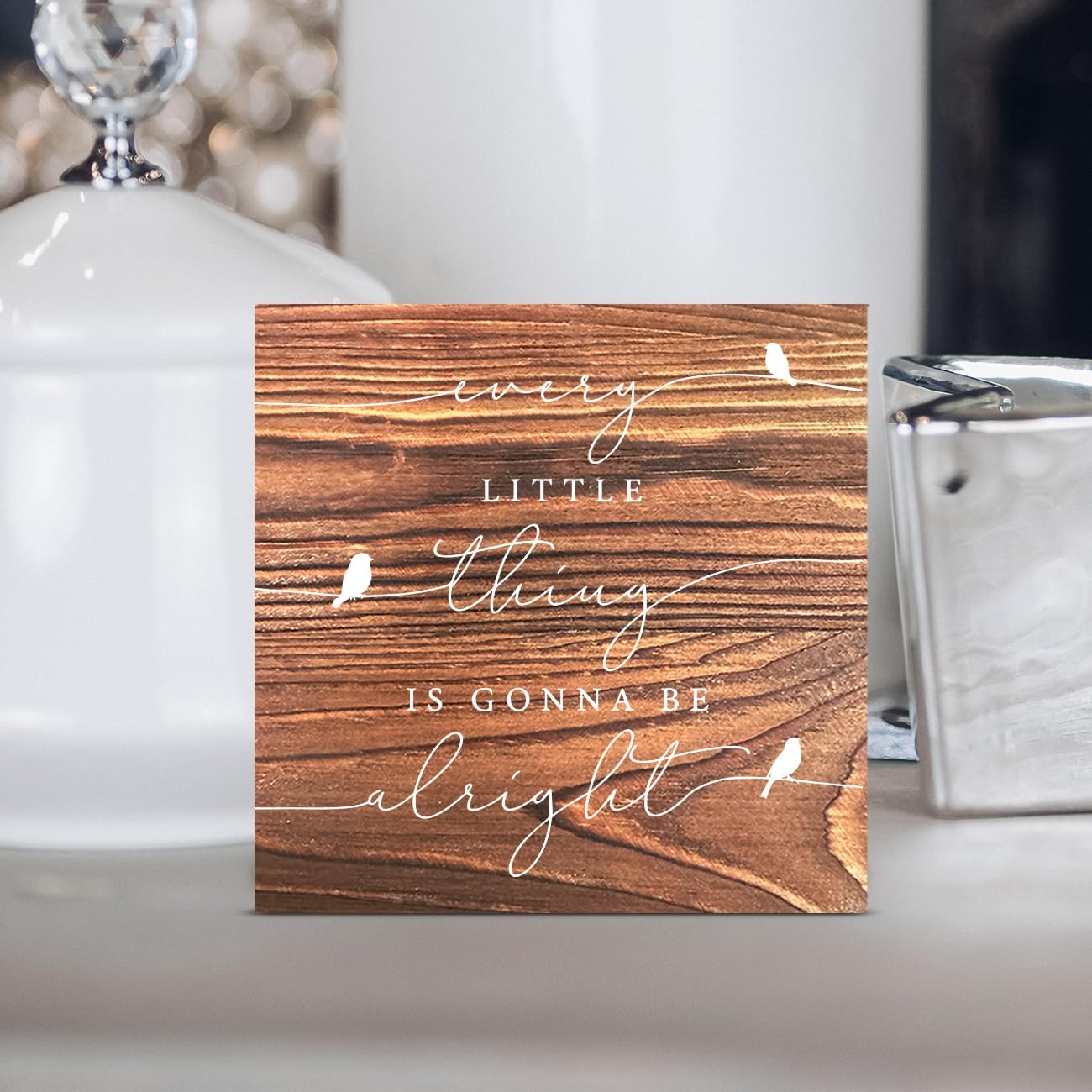 Every Little Thing is Gonna Be Alright Birds Wooden Box Sign Farmhouse Wood Box Sign Spring Art Blocks Desk Shelf Tabletop Home Decor 5 X 5 Inch (burlywood)