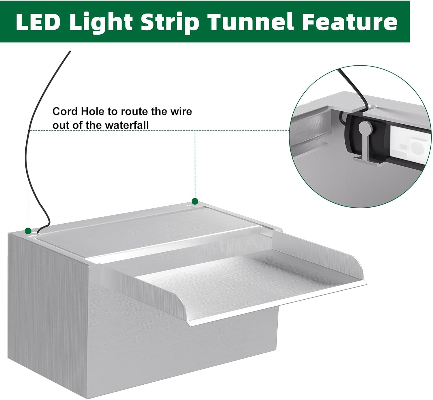 Waterfall Pool Fountain LONGRUNNEW 304 Stainless Steel 9.06" Rectangular Waterfall Spillway, Water Fall Fountain with Pipe Connector for Garden Outdoor, Swimming Pools, Fountains, Pond and Spa