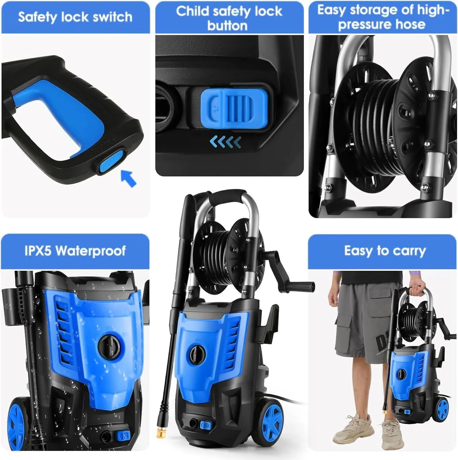4800 PSI Pressure Cleaner- 4.0 GPM High Power Cleaner with 33FT Hose Reel, 4 Spray Tips and Soap Bottle for Car Washing, Fence Cleaning, Patio Maintenance（Upgraded） (Blue)