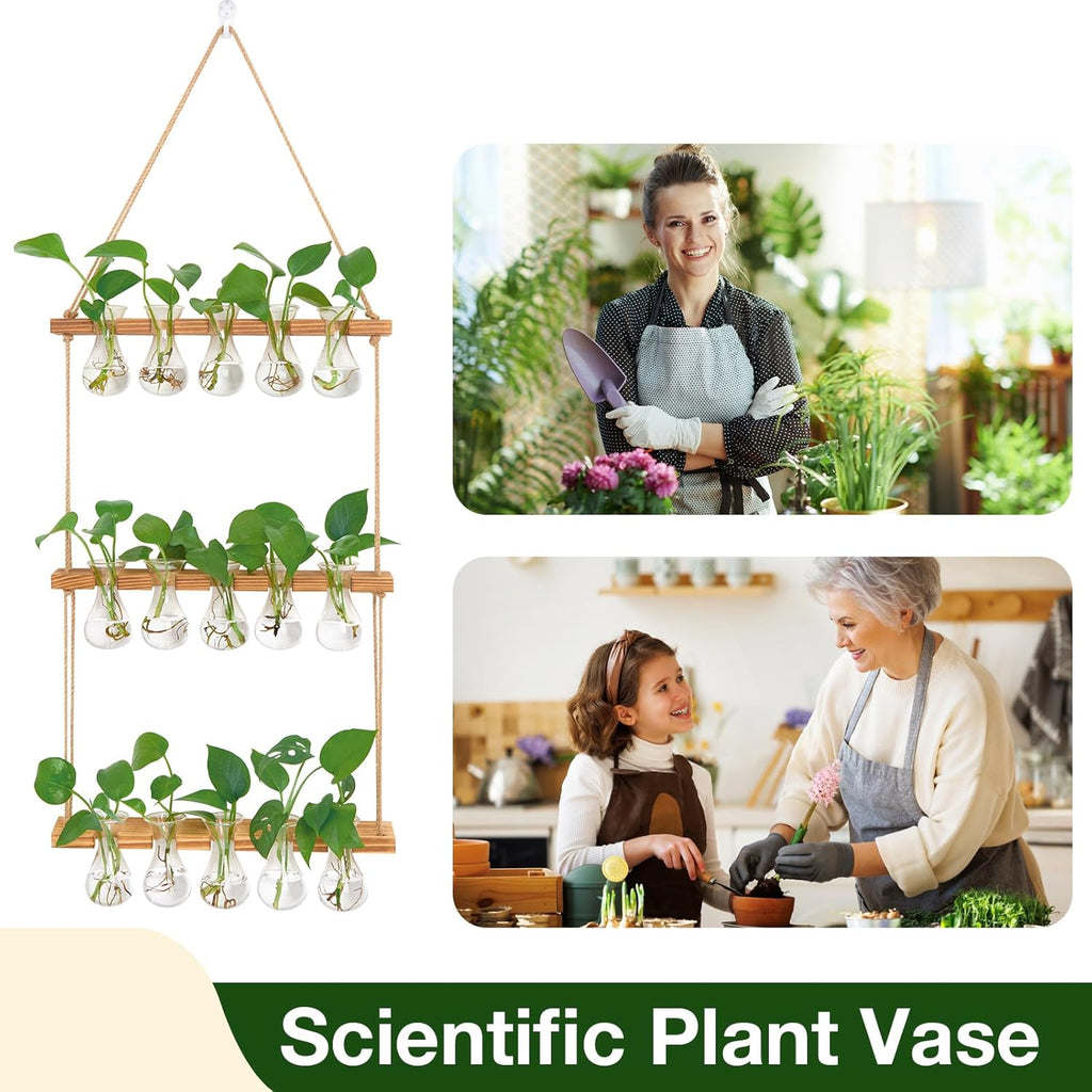 XXXFLOWER Wall Hanging Propagation Station with Wooden Stand 5 Bulb Vase 3 Tiered Planters Wall Terrarium for Home Office Plant Hanger Flower Vases Wall Decor