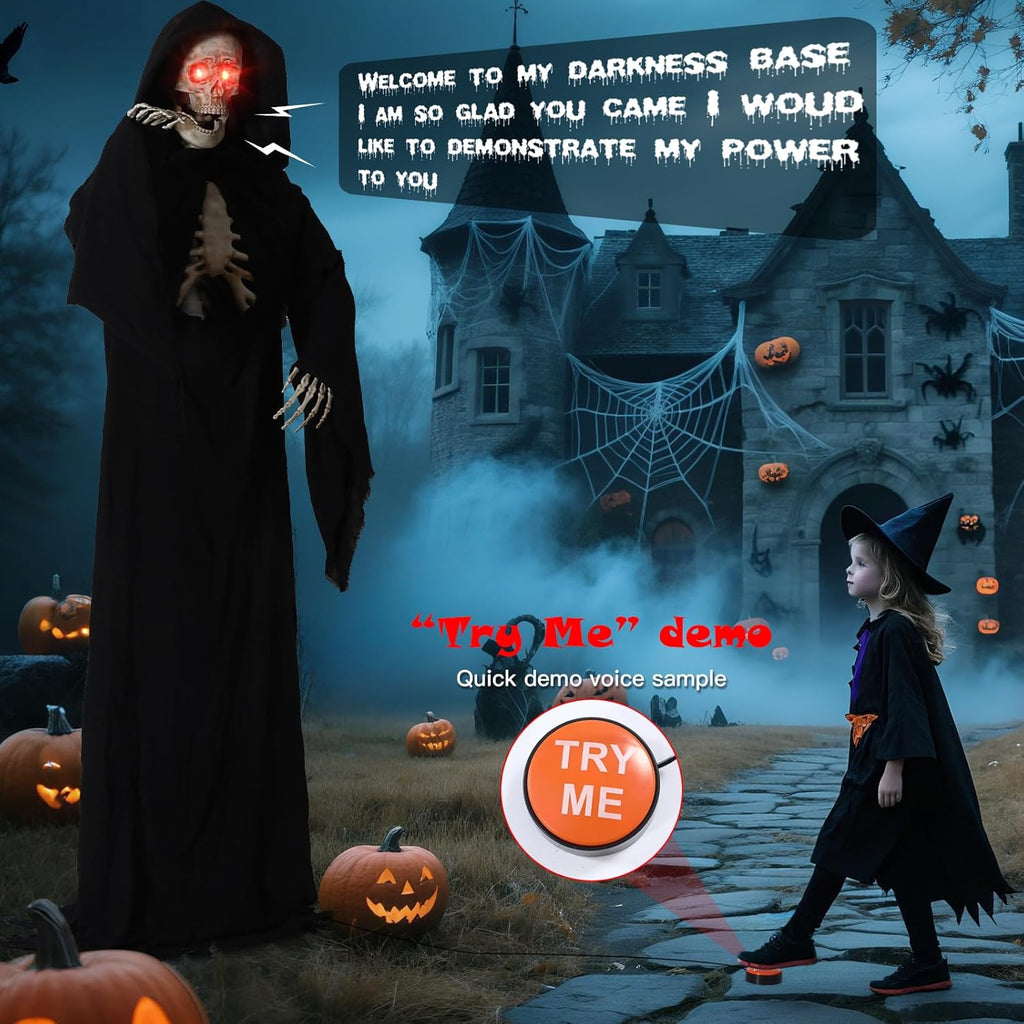 Quntis Halloween Talking Animatronics Outdoor Decoration - 7FT Tall Scary Animated Grim Reaper with Lighted Red Eyes Sound & Touch Activated - Creepy Poseable Skeleton Halloween Graveyard Decor Props