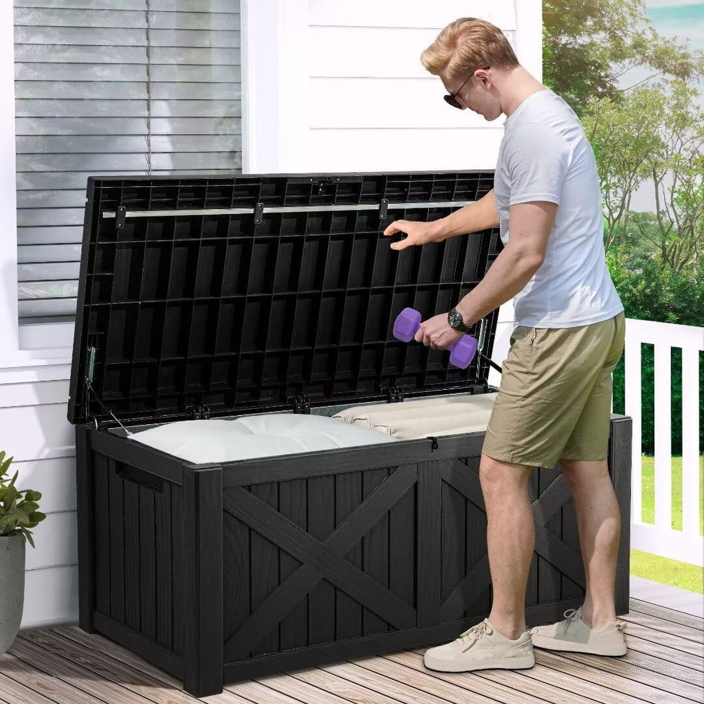 YITAHOME 120 Gallon Large Deck Box with X-Shaped Front, Resin Outdoor Storage Boxes, Waterproof Cushion Storage Bench for Patio, Pool Supplies, Garden Tools - Lockable, Black