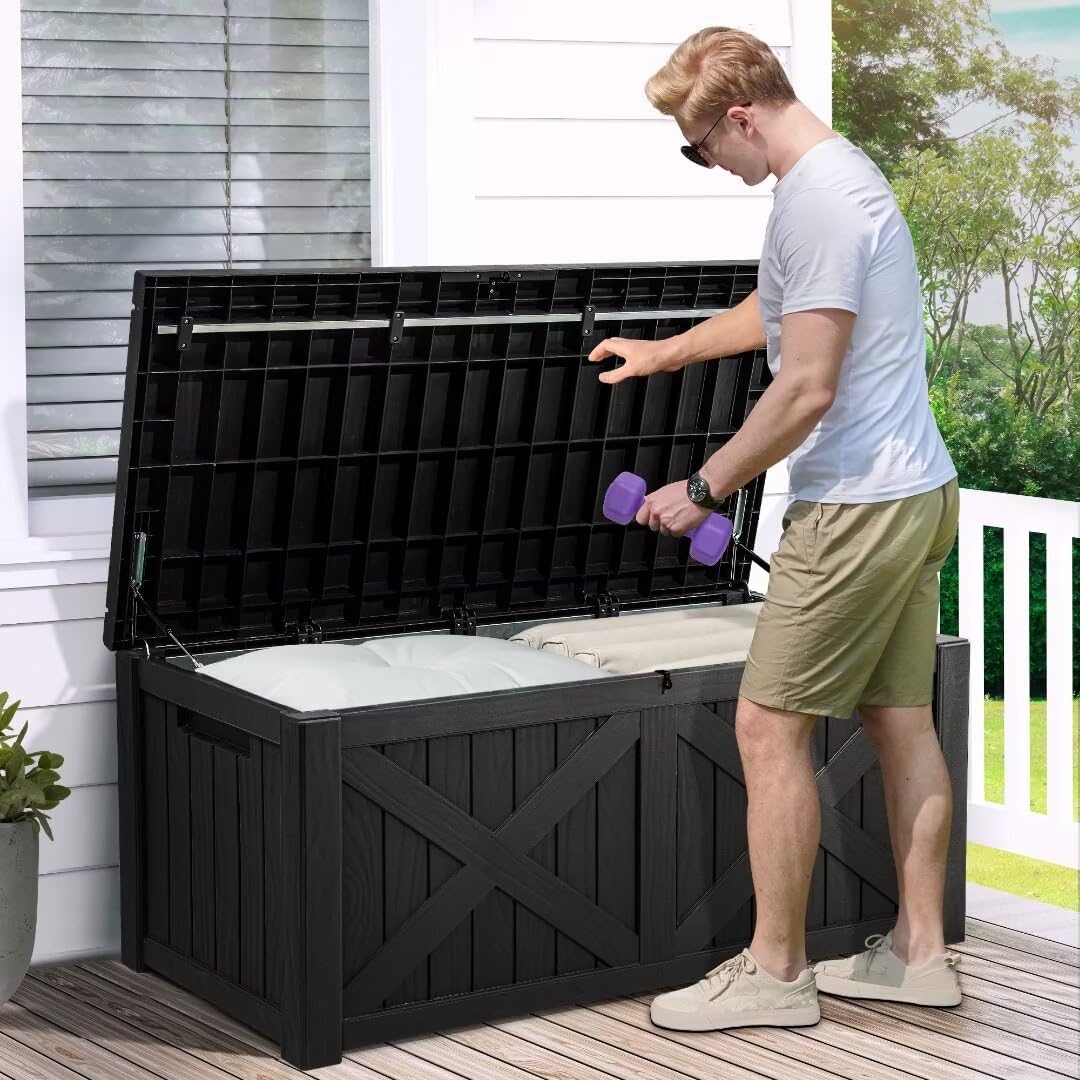 YITAHOME 120 Gallon Large Deck Box with X-Shaped Front, Resin Outdoor Storage Boxes, Waterproof Cushion Storage Bench for Patio, Pool Supplies, Garden Tools - Lockable, Black