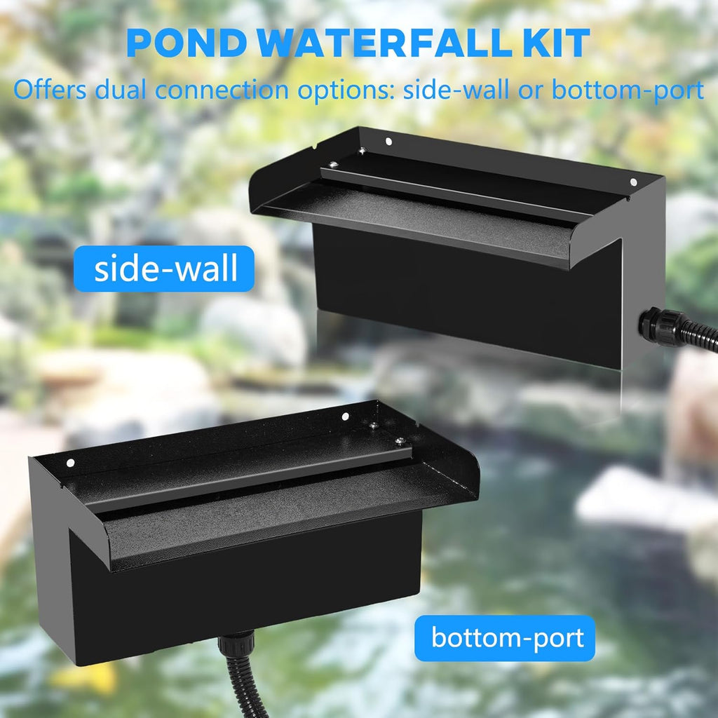 Pond Waterfall Kit with Pond Filter Box - 55W Submersible Pump & 12" Adjustable Waterfall Spillway | Complete Set with Extra Long Hose for Garden Ponds, Backyard Water Features