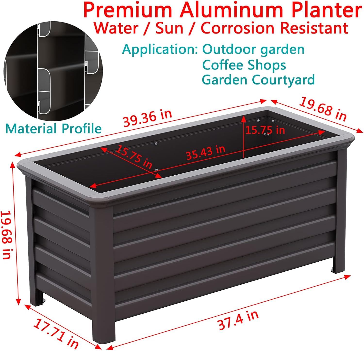 Aluminum Rectangular Outdoor Planter 39.36" Long Box Planter for Patio Porch Indoor Outdoor Weather-Resistant Large Planters with Drainage Hole for Flowers, Dark Brown, 19.68"D x 39.36"W x 19.68"H