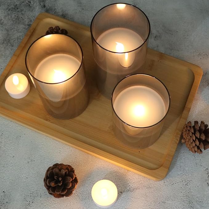 LED Flickering Candles with Remote Timer,Glass Flamless Pillar Candles Real Wax with 3D Wick Realistic,Warmth Decoration for Wedding Home Festival (Grey)