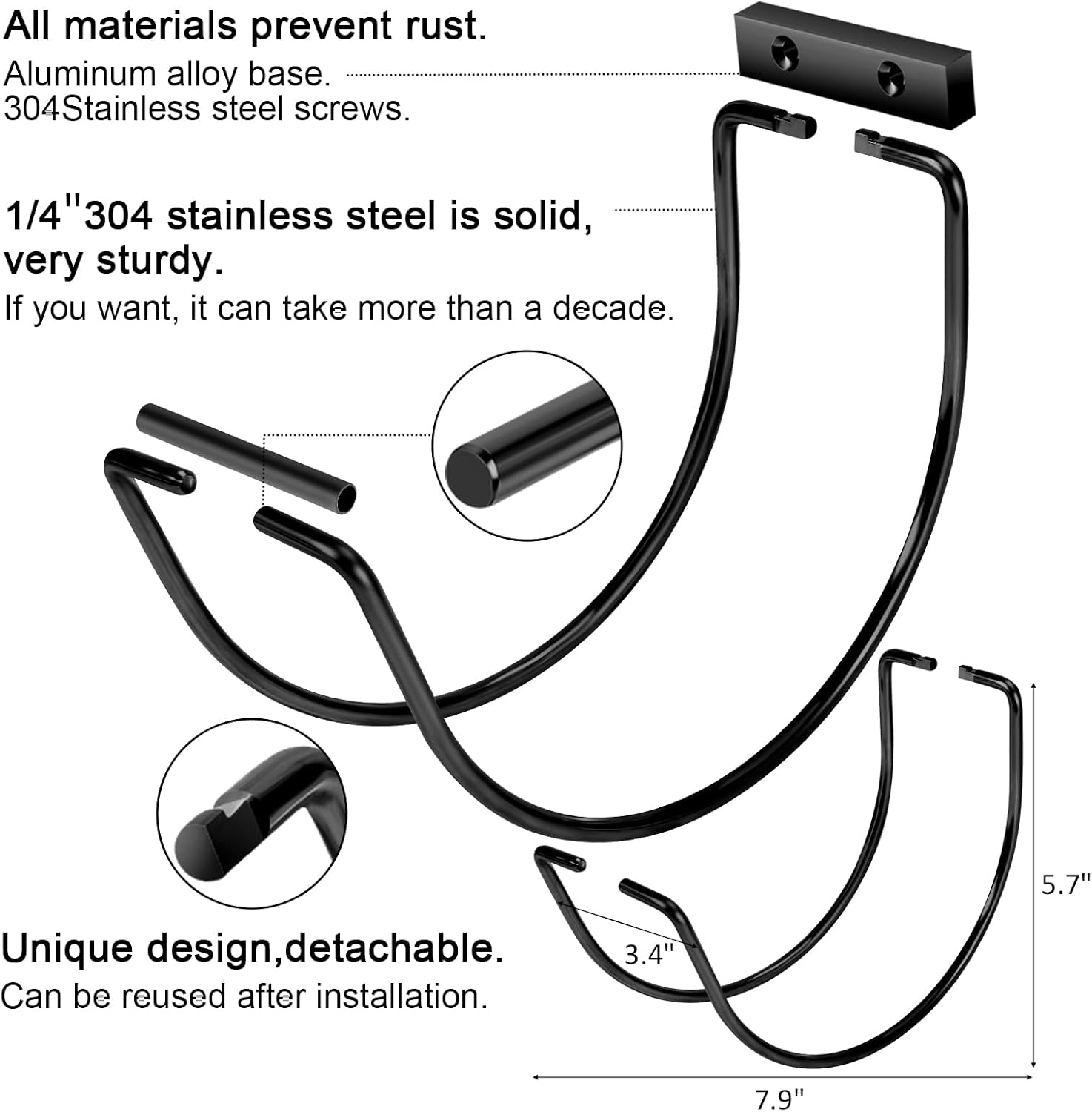 Garden Hose Holder Wall Mounted,304Stainless Steel Solid Hook Holds Up to 150Ft - Black