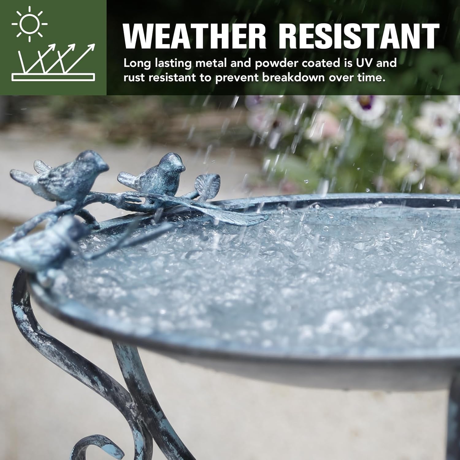 Solution4Patio 16.7" Metal Bird Bath with Perch - Rust-Resistant Outdoor Garden Decor, Shallow Wide Bowl & Foldable Stand for Birds/Plants