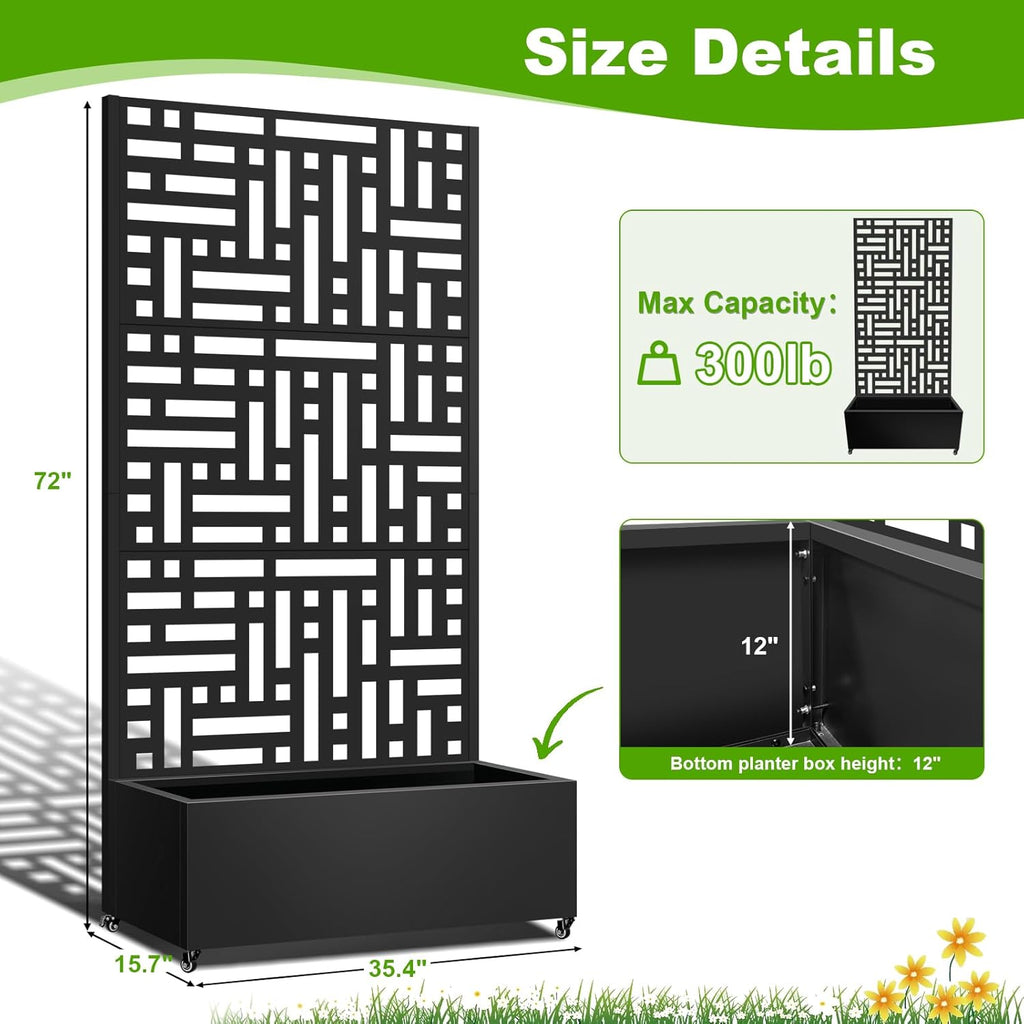 Metal Planter Box with Trellis, 72"x35"x16" Metal Raised Garden Bed with Trellis, Planter Box with Drainage Holes & Lockable Casters for Climbing Plants, Vegetables, and Vines