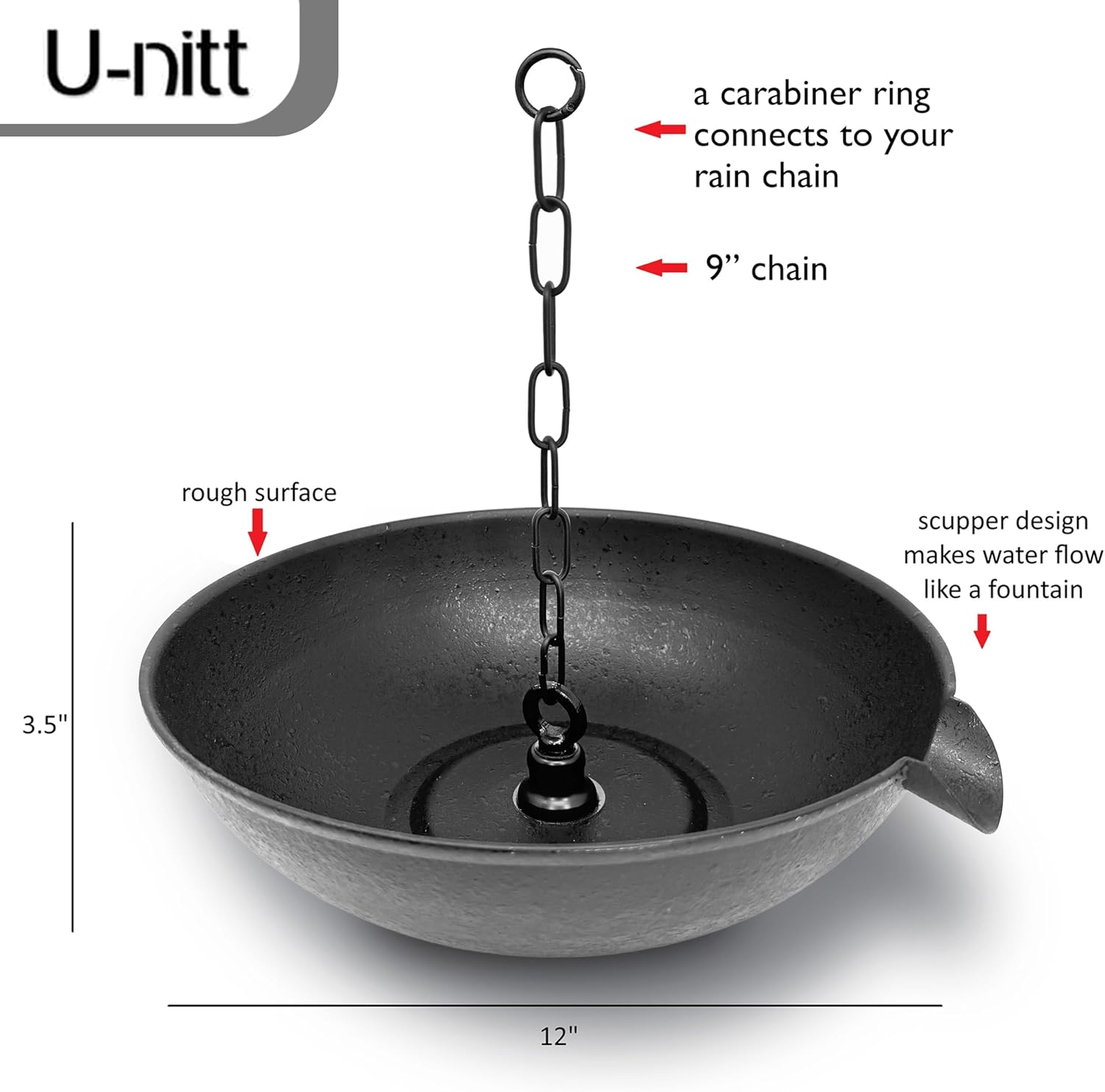 12" Spill Bowl Catch Basin for Rain Chain Anchoring & Stake | Rainwater Collection for Roof Gutter Downspout | Good For Water Fountain & Birdbath | Black | Works with Rainchain | Handles Heavy Rain