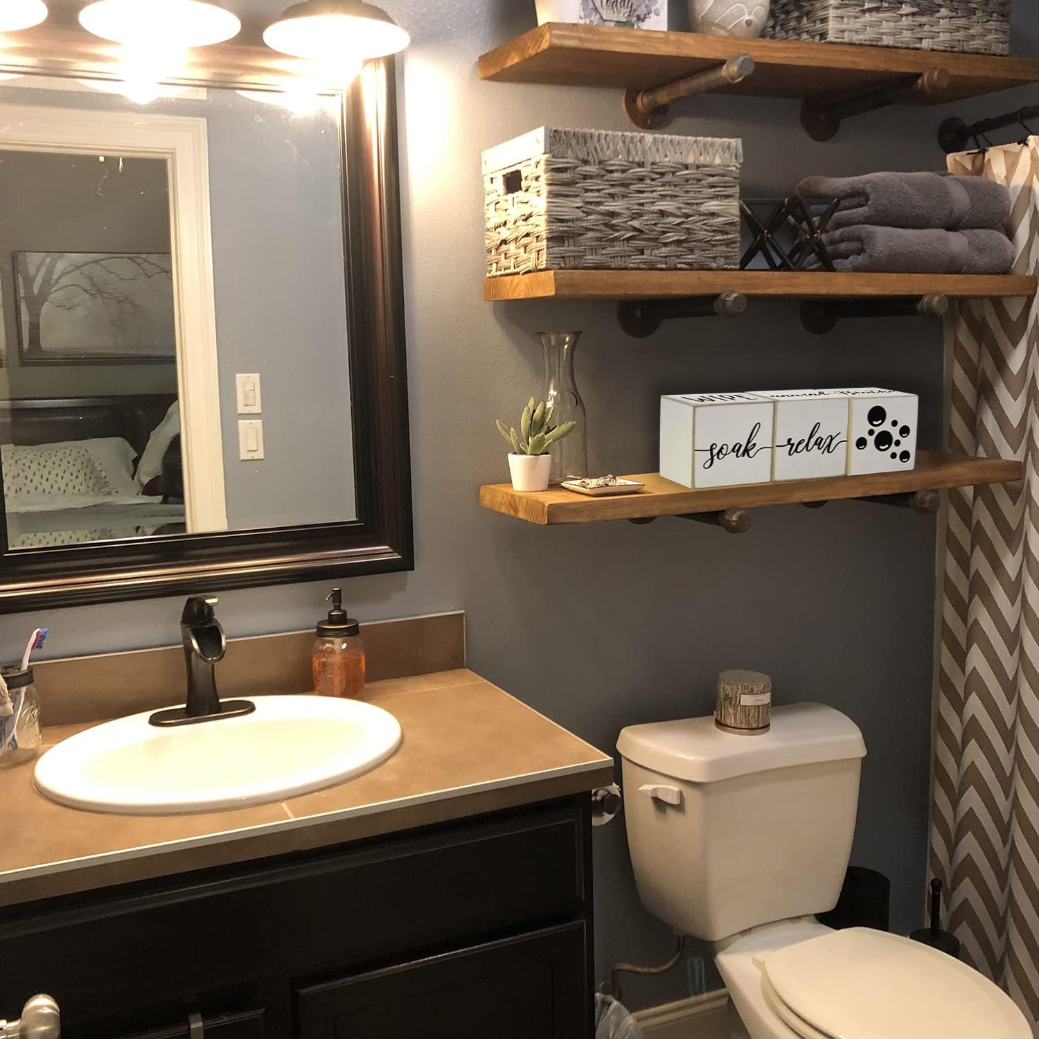 Farmhouse Funny Bathroom Decor, 4-Sided Wooden Blocks, Country Rustic Cute Bathroom Sign for Shelf, Black and White House Home Decorations Accents, 2.8