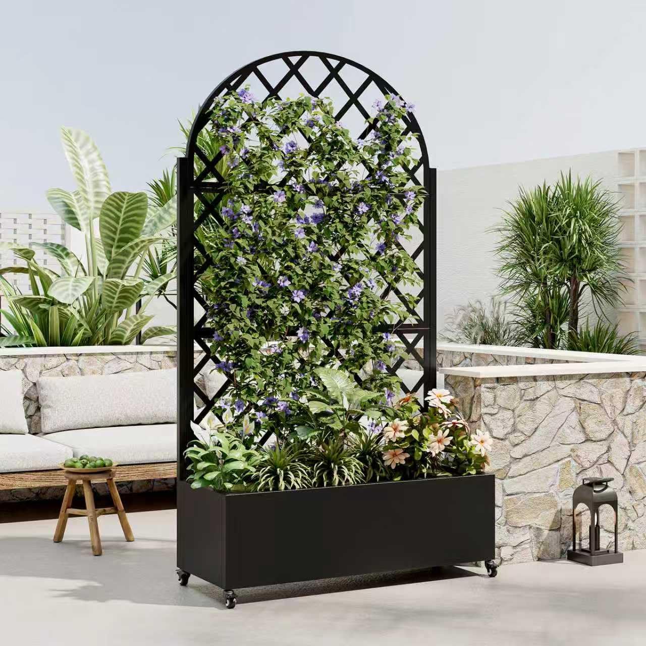 Metal Planter Box with Trellis and Wheels, 73"x35"x16" Galvanized Steel Raised Garden Bed with Drainage Holes and Privacy Screen Function for Climbing Plants, Vegetables, Flowers, and Vines–Black