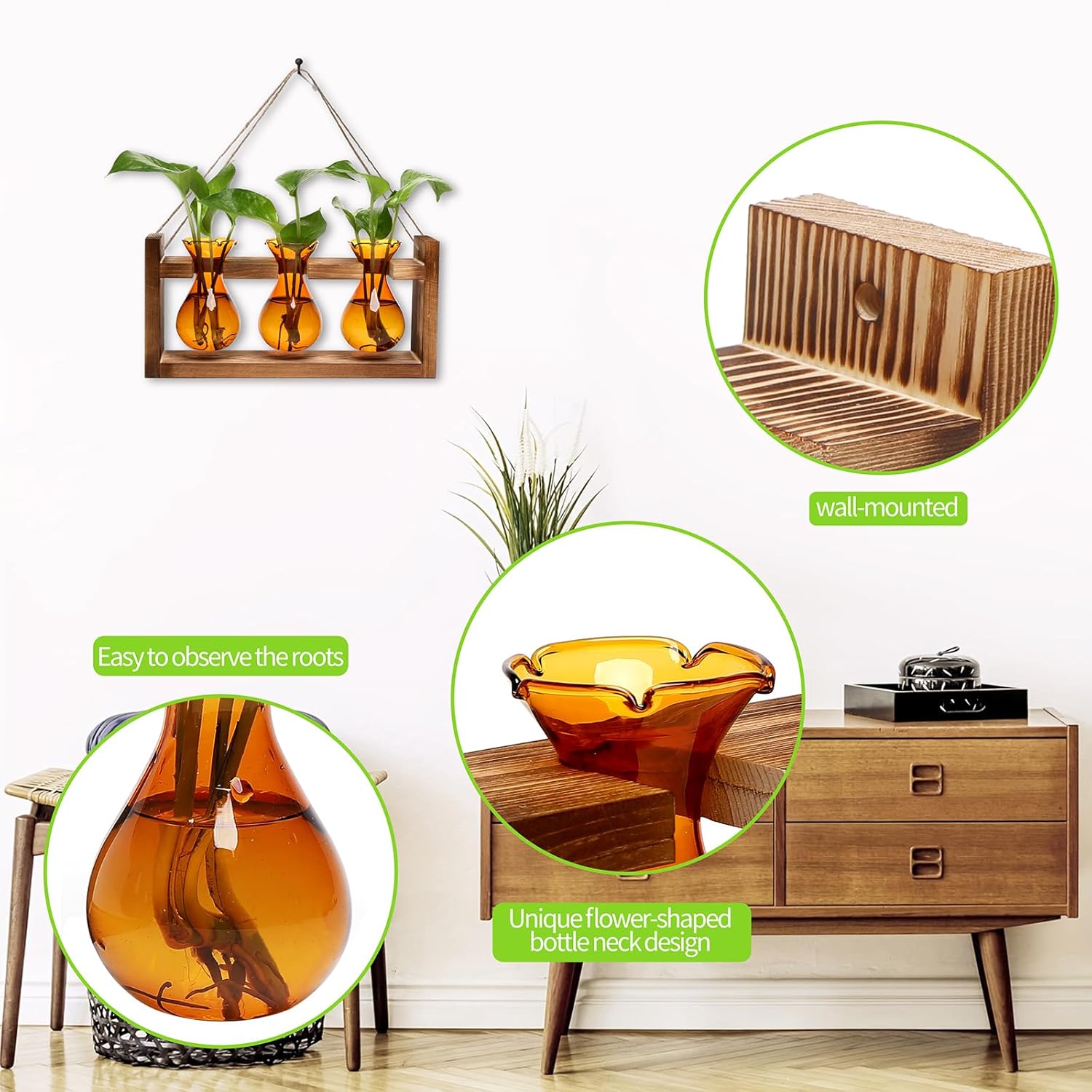 Plant Propagation Station Plant Terrarium Unique Birthday Gifts for Women Home Office Decor Planter with Wooden Stand - 3 Bulb Glass Vase