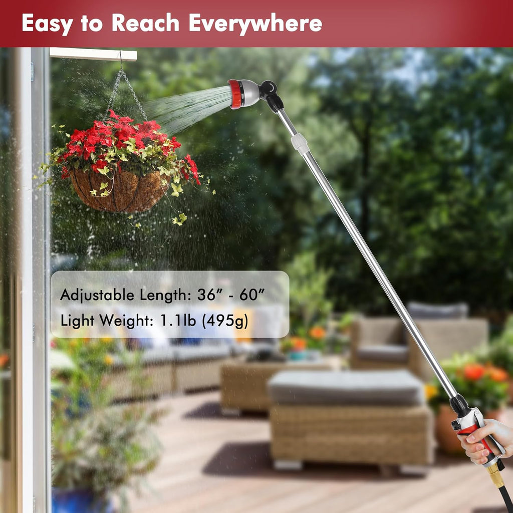 RESTMO Metal Watering Wand, 36”-60” Long Telescopic Tube | 180° Adjustable Ratcheting Head | 7 Spray Patterns | Flow Control, Perfect Garden Hose Sprayer to Water Hanging Baskets, Shrubs, Red