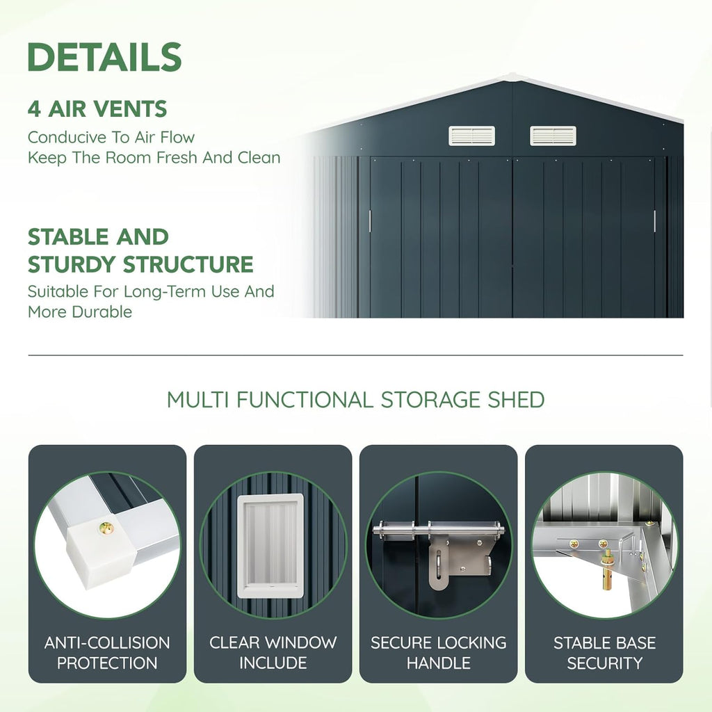 10X12X7.5 FT Outdoor Steel Storage Shed with Lockable Doors, 2 Windows, Transparent Roof Panels, Metal Frame Floor (Wood Panels Not Included), Ideal for Backyard, Patio Storage,Chicken Coop