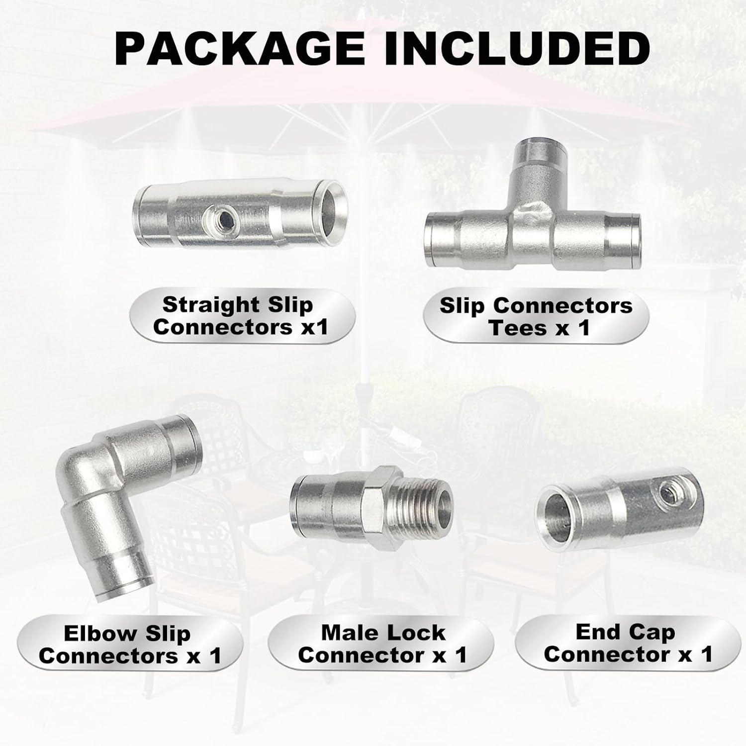 3/8" Brass Slip Connectors Kit for High Pressure Misting System – 5-Piece Brass Misting Nozzle Connectors (Straight, Elbow, Tee, 1/4" Male Lock, End) – 1500 psi