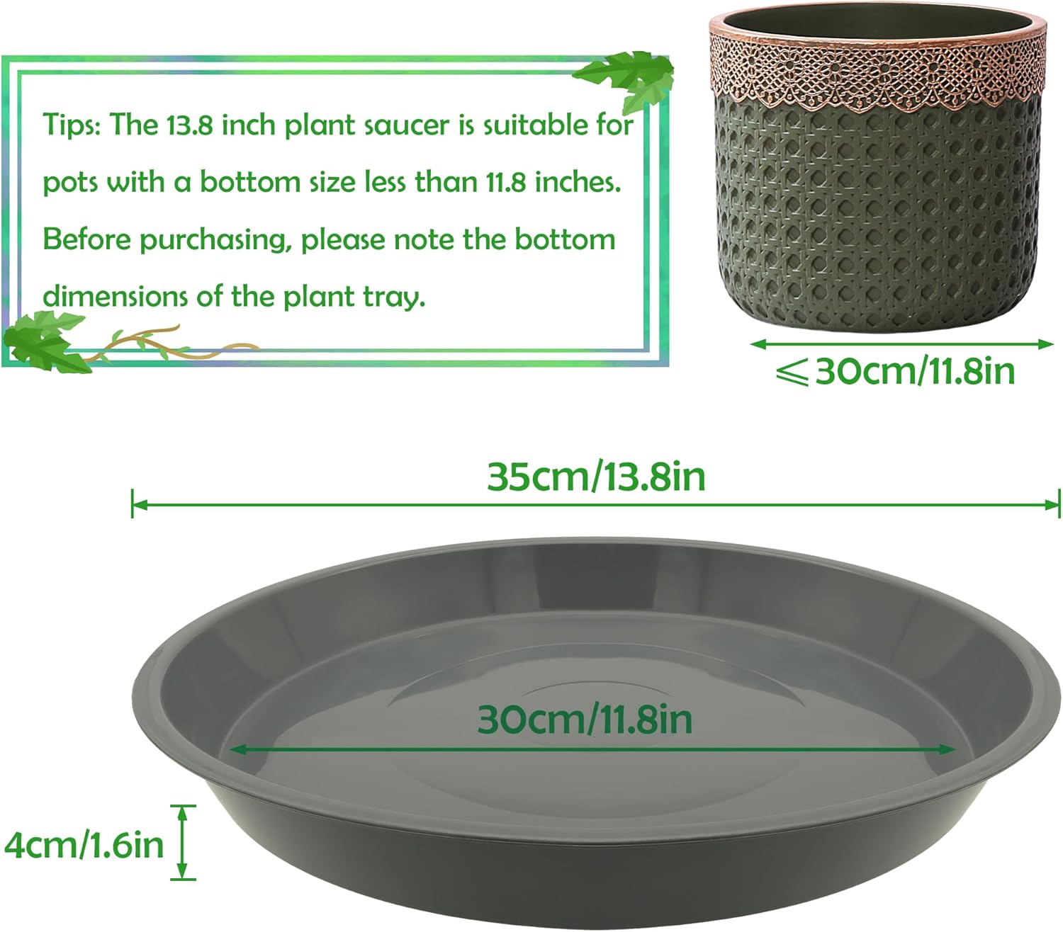4 Pack 14 Inch Round Plant Saucers for Less 11.8 Inch Pot Indoors Outdoors Plant Trays for Pots Planter Saucer Plastic Plant Drip Tray Planter Water Tray for Potted Plants(Gray, 13.8"(4pcs))