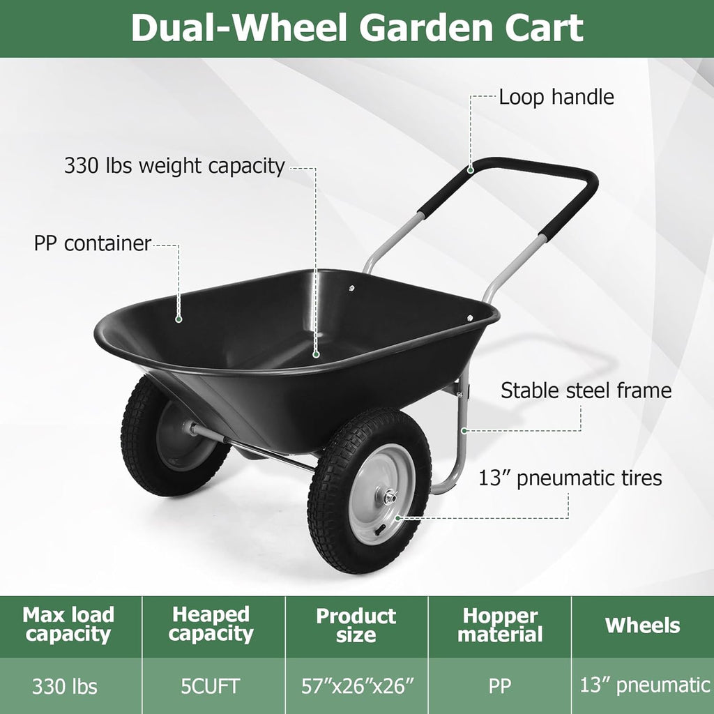 ERGOMASTER Dual-Wheel Wheelbarrow, Home Utility Garden Cart, 330 LBS Capacity, Large Heavy Duty Yard Cart for Gardening & Planting, Lawn, Farm, Construction Site, Black