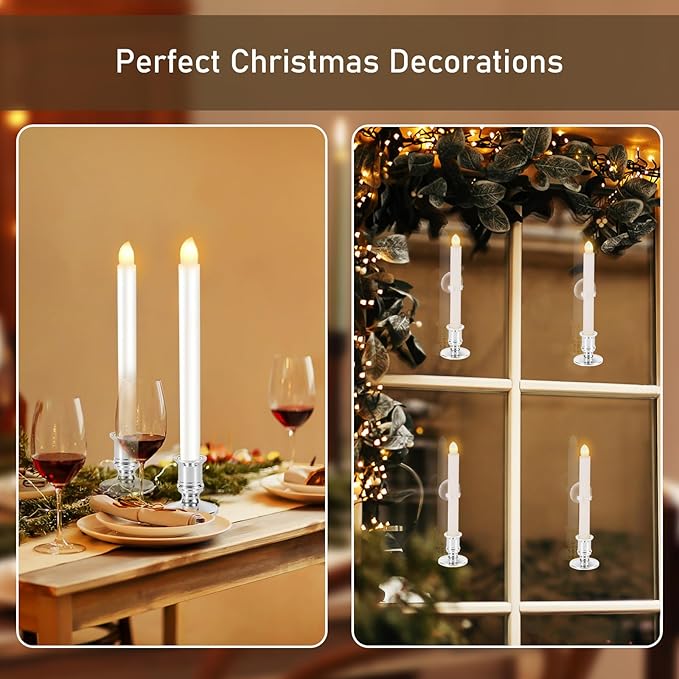 8 Pack Christmas Window Candles, Battery Operated with Timer Remote, LED with Candle Holders Suction Cups, Flickering for Christmas Decorations, Silver