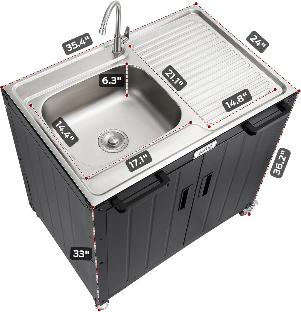 Freestanding Grill Cart with Sink and Cabinet, Movable Outdoor Cart Table with 304 Stainless Steel Sink, Outdoor Grill Cart,Outdoor Grill Station with Wheels, L35.4” x W24”