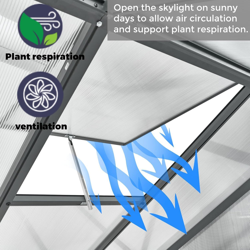 6 x 8 FT Aluminum Greenhouse for Outdoors, Polycarbonate Walk-in Greenhouse with Quick Setup Structure and Adjustable Roof Vent, Dark Gray