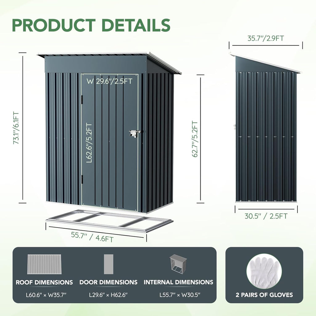 5X3X6.1FT Outdoor Steel Storage Shed with Frame Floor and Lockable Doors, Ideal for Garden, Backyard, Patio Storage