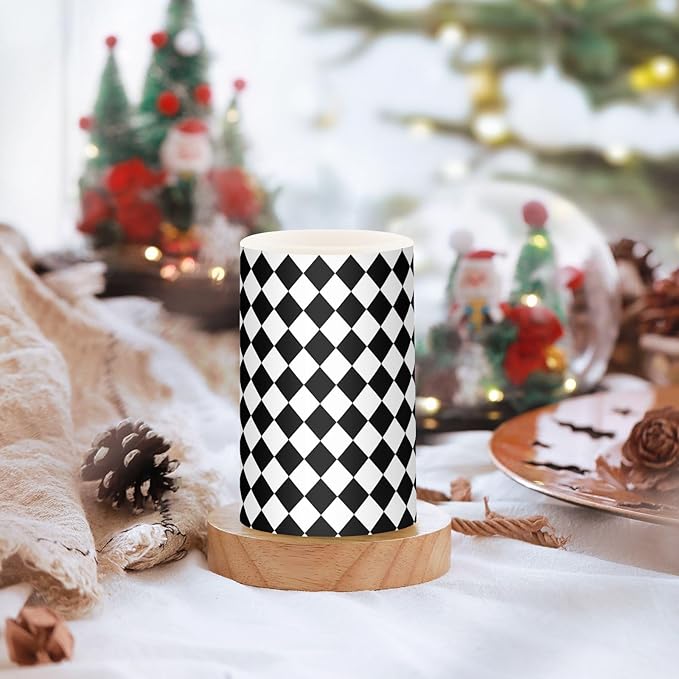 Flickering Flameless Candles, Black White Rhombuses Checkered LED Candles with Remote Timer, Set of 2 Battery Operated Candle for Valentine Wedding Birthday