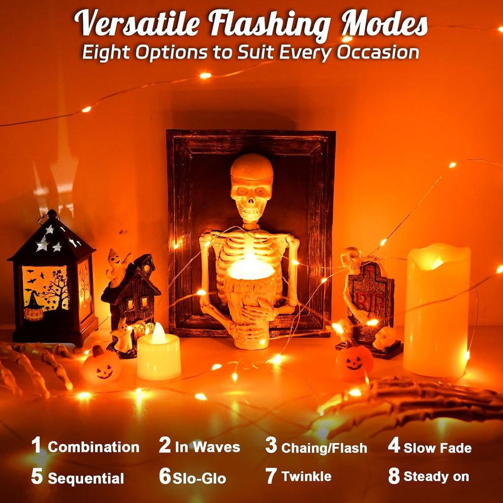Halloween String Lights Outdoor Waterproof, Orange Solar Fairy Lights 16.4ft 50LED 8 Modes Orange Fall Outdoor Lights for Fall Decor Outside Pathway Patio Party Backyard Decorations