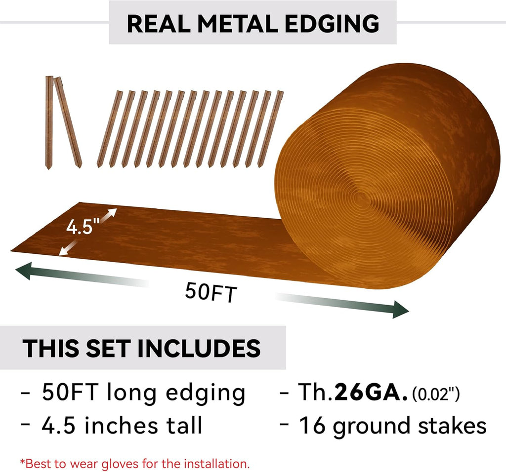 Metal Garden Landscape Edging with 16Pcs Stakes, 4.5" x 50Ft Galvanized Steel Lawn Edgings Roll Flexible Coil Border for Landcaping,Flower Bed,Rusty