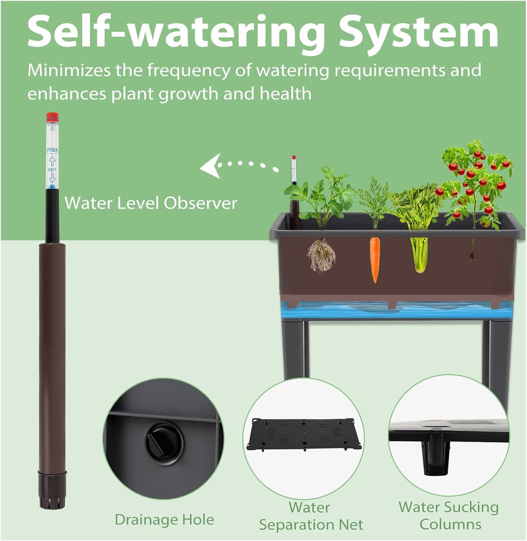 HAPPYGRILL 4-in-1 Raised Garden Bed with Climbing Trellis, Self-Watering Elevated Planter with Water Level Indicator, Drainage Hole, Outdoor Plastic Planter Box with 4 Detachable Legs for Garden Lawn