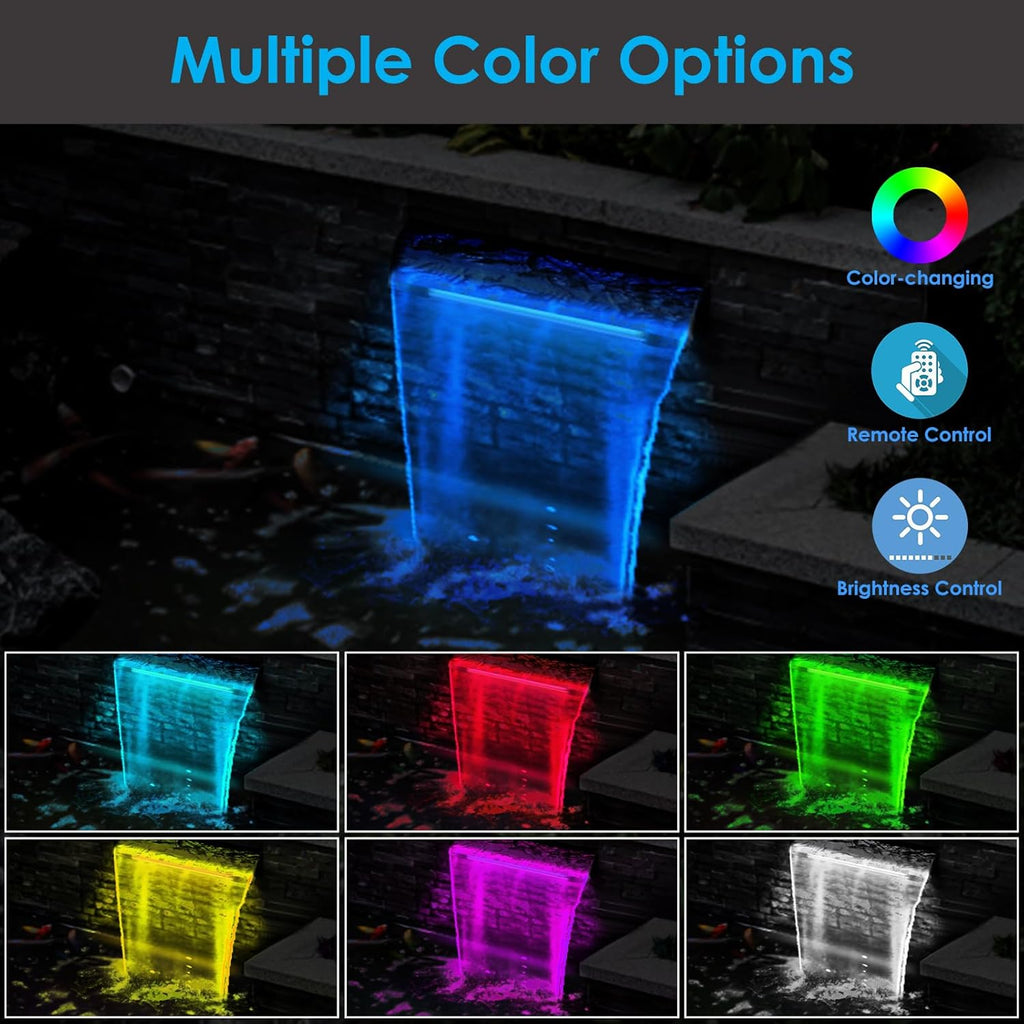 AquaMiracle All-in-1 Pond Waterfall Kit with LED Lights, 18" Stainless Steel Spillway with 800GPH Water Pump, Lighted Waterfall Fountain Outdoor for Water Garden, Backyard, Pool