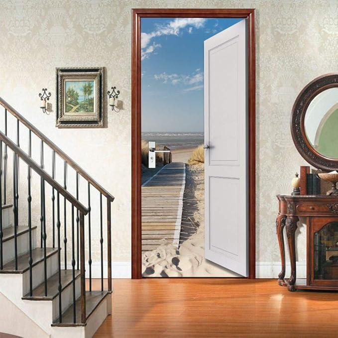 3D Door Wallpaper Self-Adhesive Door Poster - Beach Street - Door Film Photo Wallpaper Premium PVC Waterproof Door Sticker Wall Sticker for Bedroom Living Room Door Decoration Stickers 80 x 200 cm