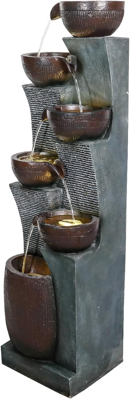 53.5” Tall 6-Tier Outdoor Water Fountain with LED Lights – Relaxing Cascading Resin Jar Waterfall for Garden, Patio, Backyard & Indoor Home Décor