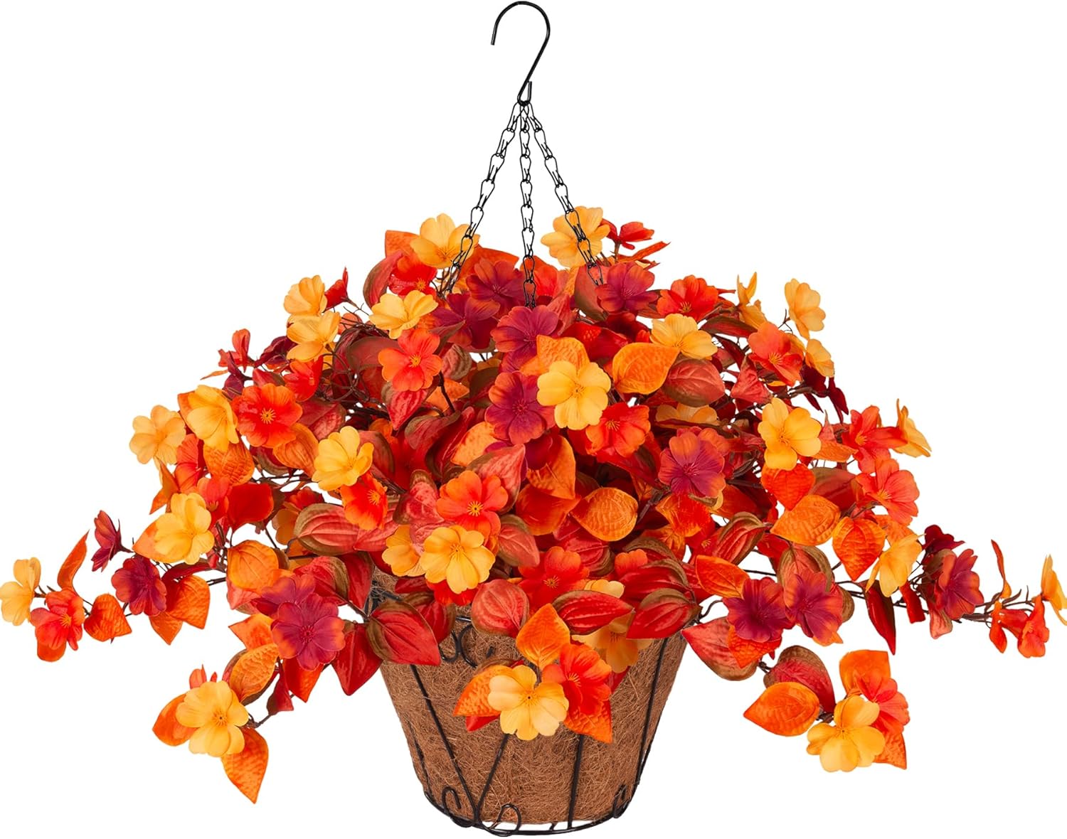 Hanging Artificial Fall Flowers Basket for Outdoors Outside 3PCS Fake Plants Faux Orange Fall Flowers for Outdoors Planters UV Resistant Silk Flowers for Home Porch Patio Garden Autumn Decoration