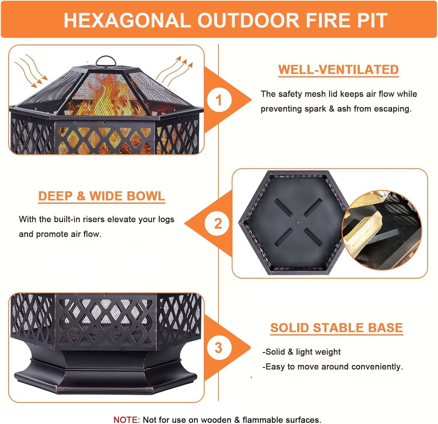 33 Inch Outdoor Fire Pit, Hexagon Shaped Wood Burning Firepit for Outside Bonfire, Patio, Backyard and Camping (Antique Bronze)