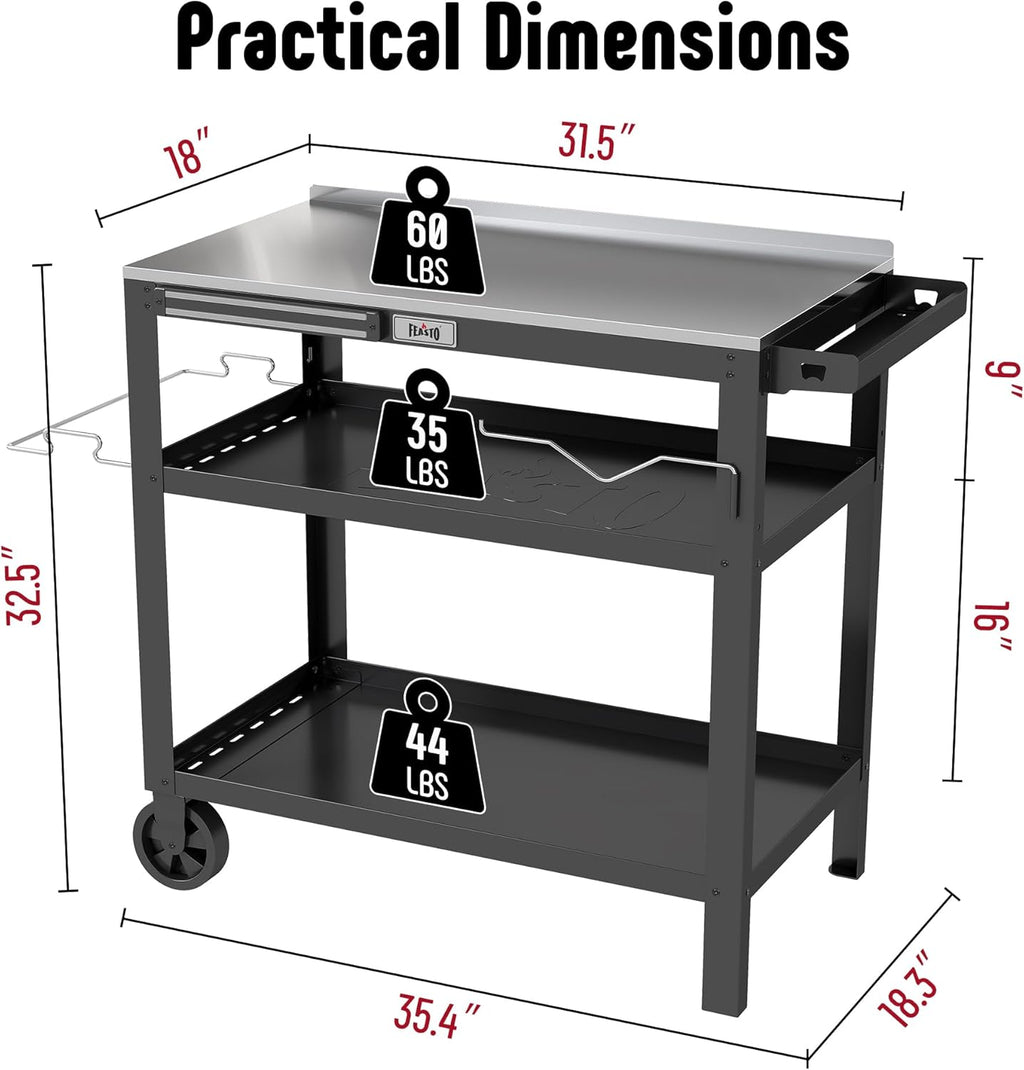 31.5"x18" Outdoor Grill Cart with Stainless Steel Tabletop, Movable Grill Table with Seasoning Rack & Magnetic Tools Holder, Backyard BBQ Kitchen Food Prep Table for Portable Grill & Pizza Oven