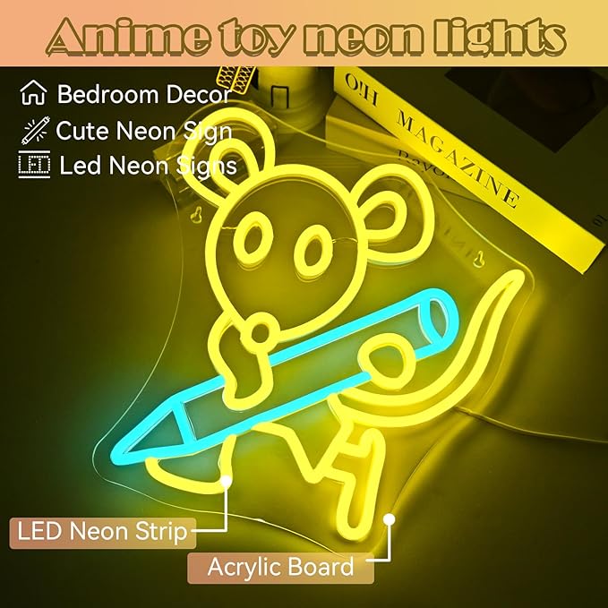 Pencil Mouse Neon Sign Yellow Led Neon Signs Classroom Neon Lights for Wall Decor Dimmable Light Up Sign for Classroom Bookstore Library Bookish Museum Teen Gifts (USB Powered 5V/2A)