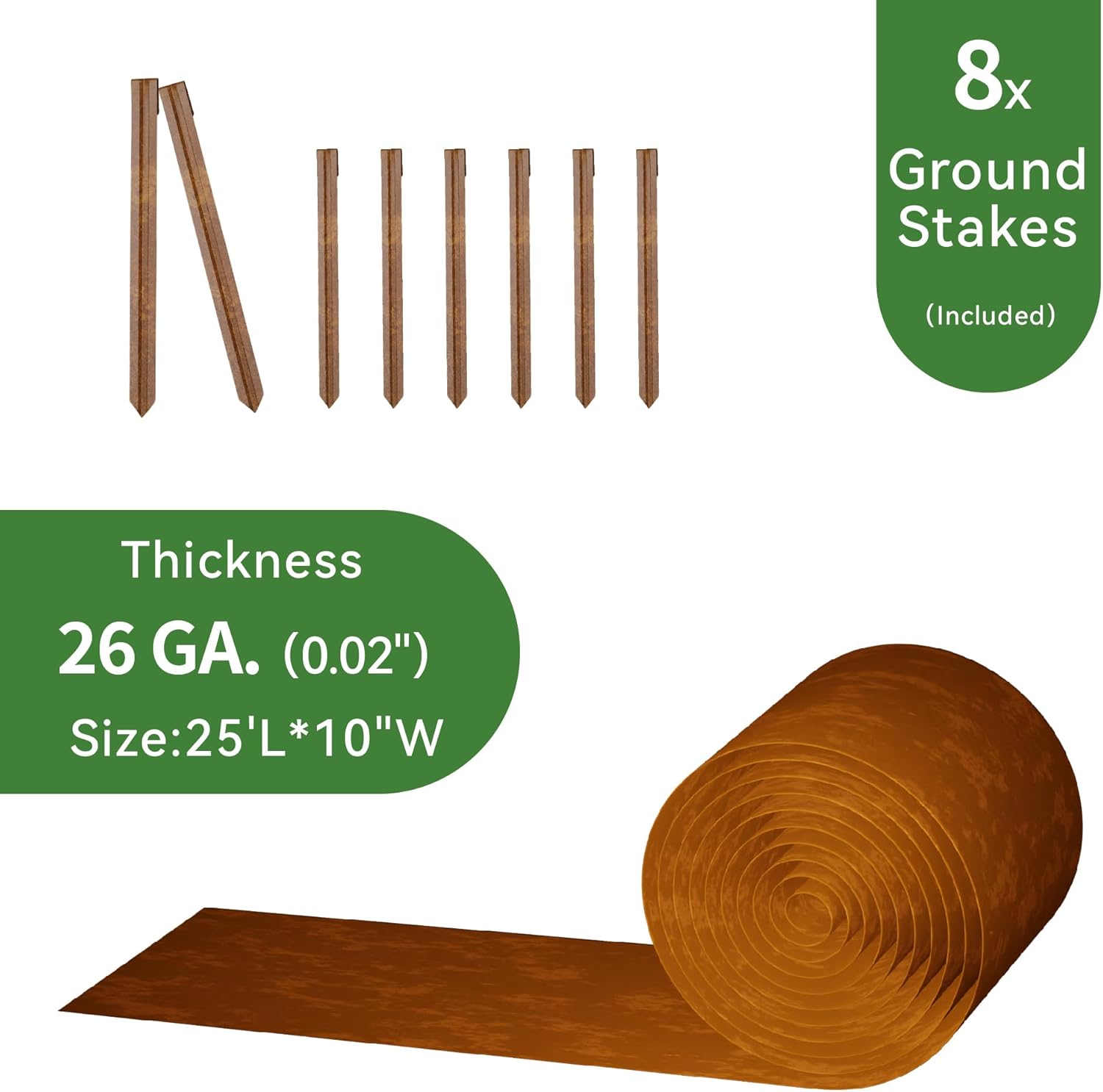 Worth Galvanized Steel Landscape Edging 10" x25' Metal Garden Edging Roll Flexible Bender Border with 8Pcs Stakes for Lawn, Flower Bed Edges, Rust-Like Color