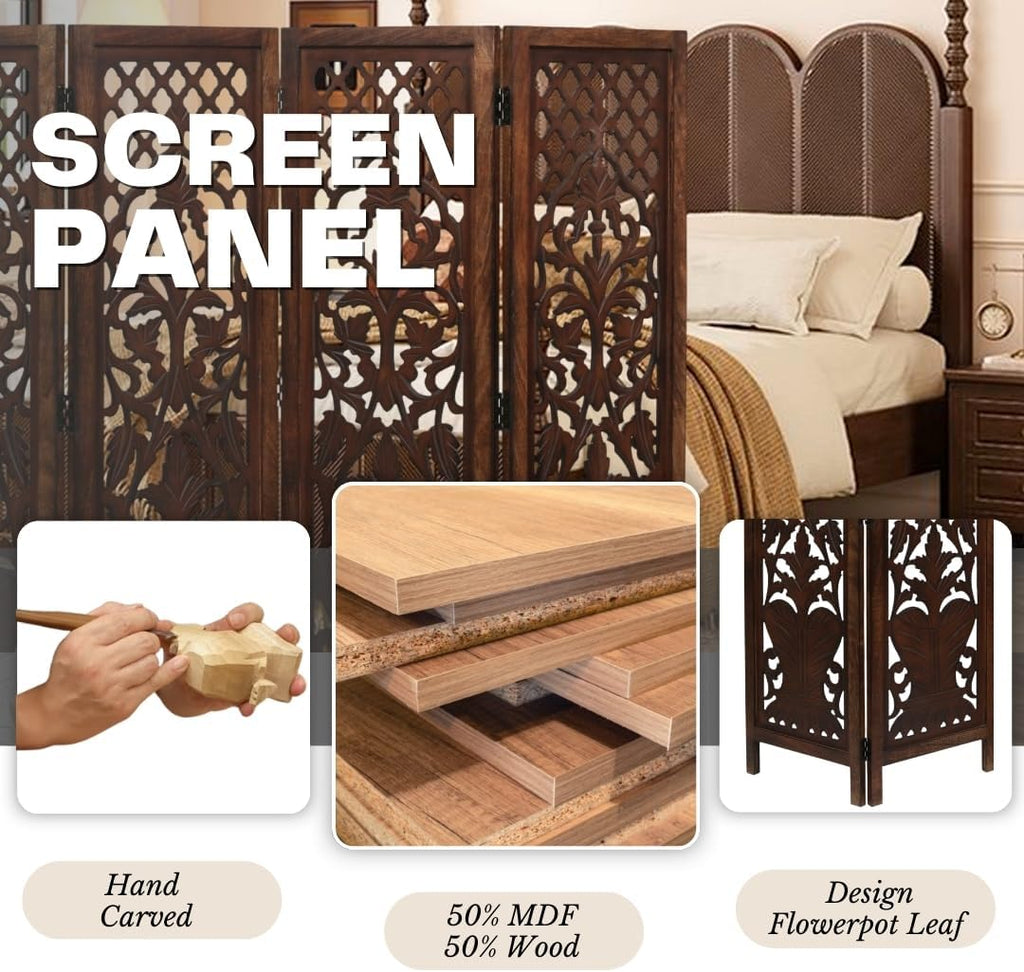 Room Divider Wood Screen Panel – Burnt Brown, 4-Panel Folding 64"x54", Hand-Carved, Reversible Privacy Partition, Decorative & Functional Portable Room Divider for Home or Office